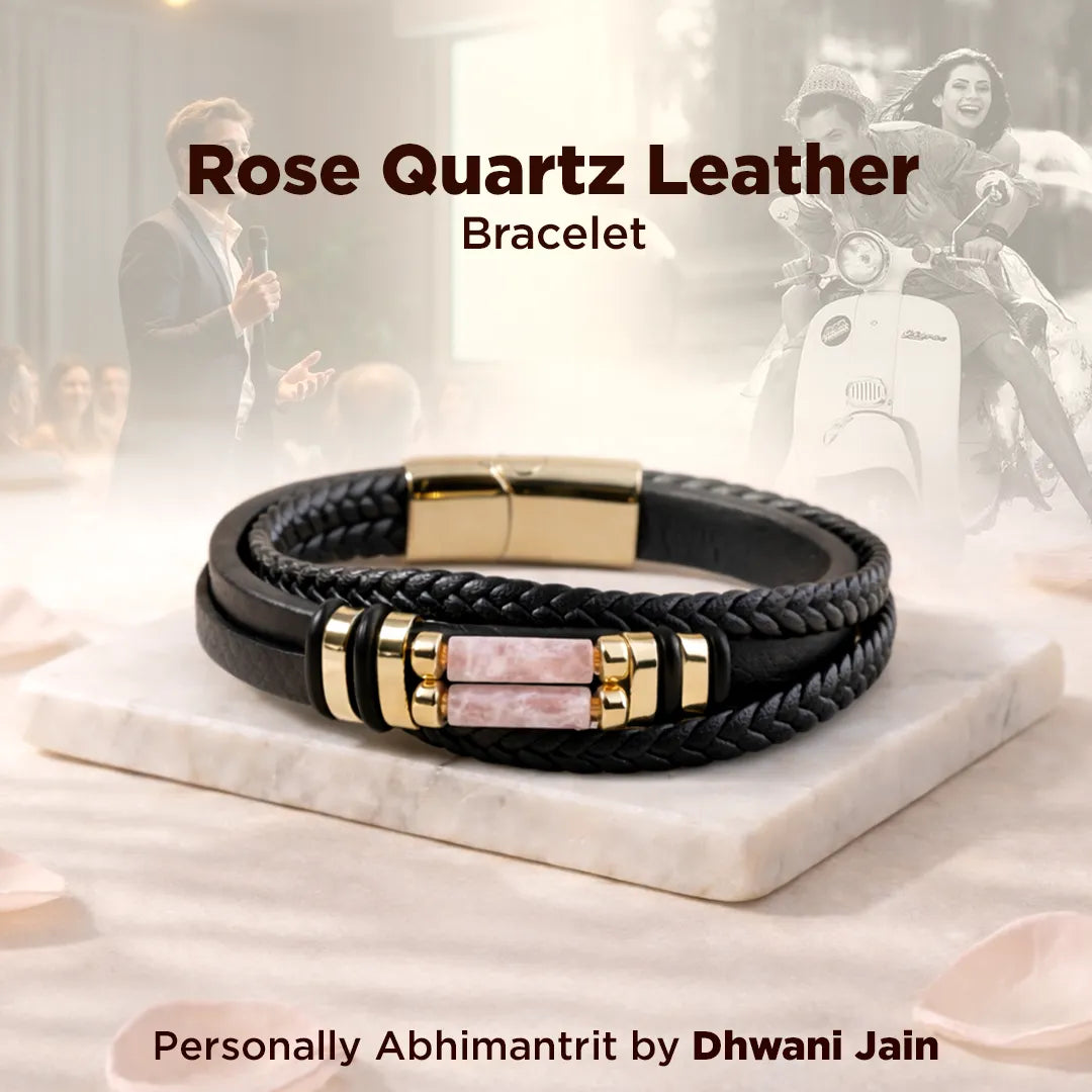 Rose Quartz Leather Bracelet on a marble surface with a blurred background