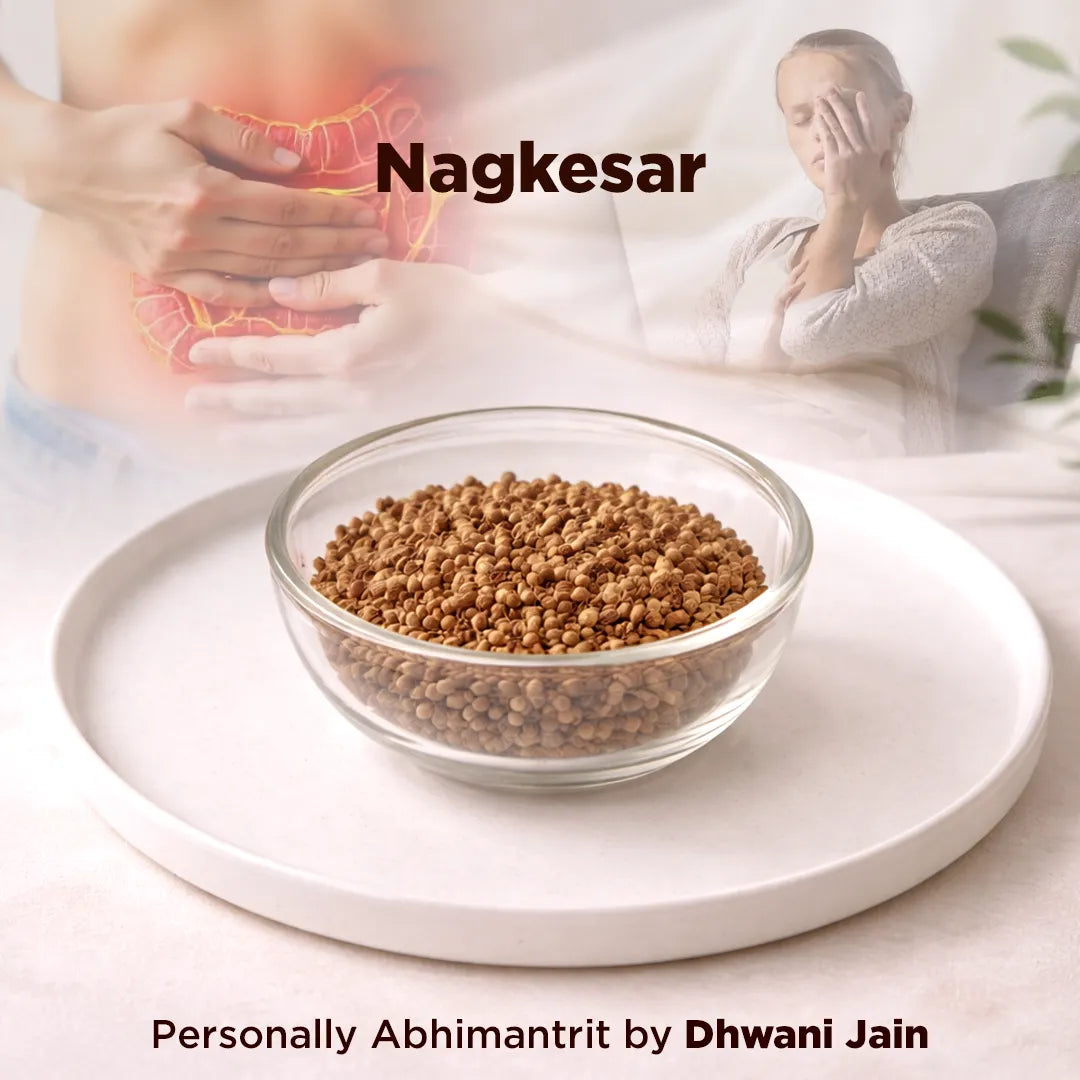 Bowl of seeds with a person experiencing discomfort, Nagkesar brand shown.