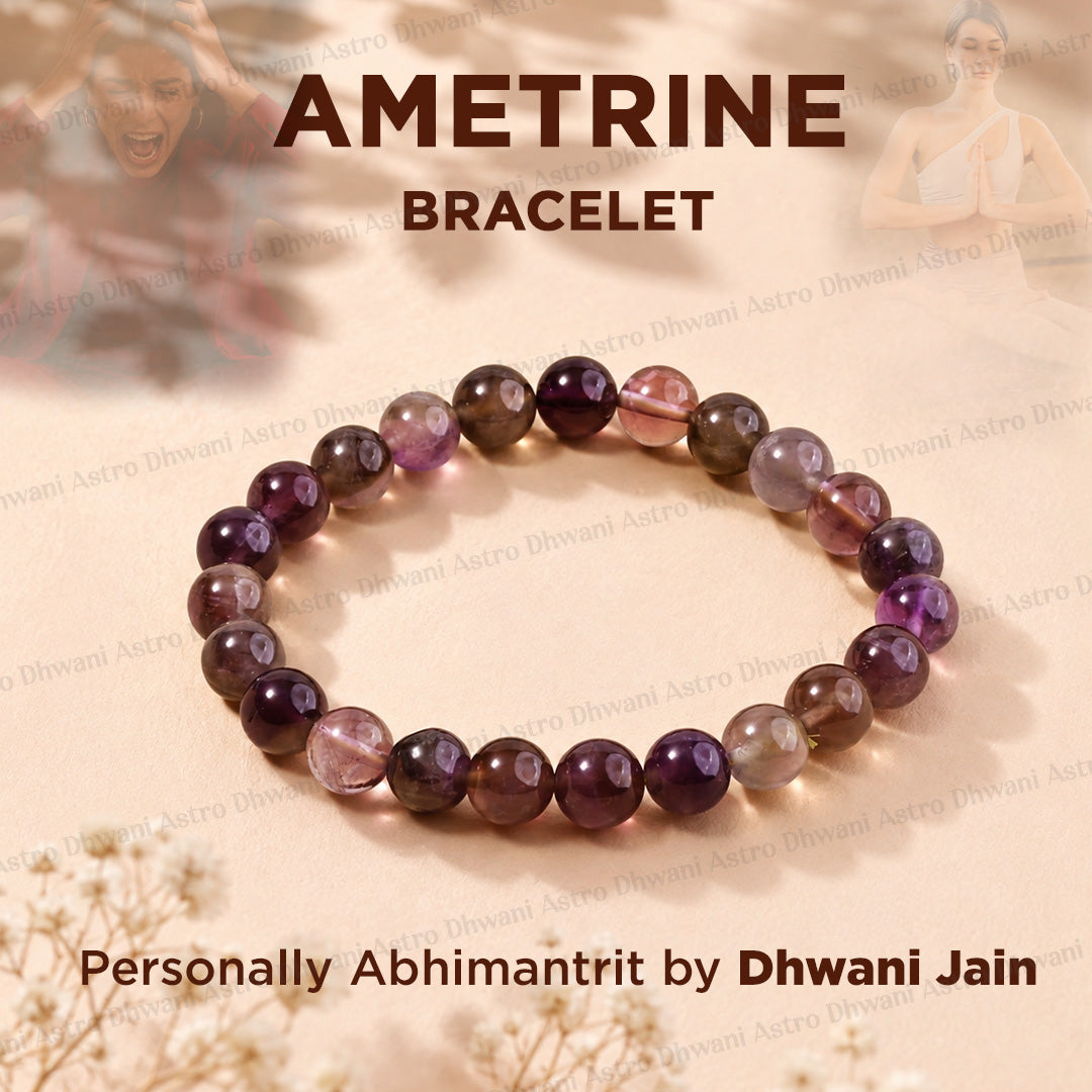 A beaded ametrine bracelet made of polished round gemstone beads in shades of purple, pink, and brown, displayed on a beige background with text overlays.