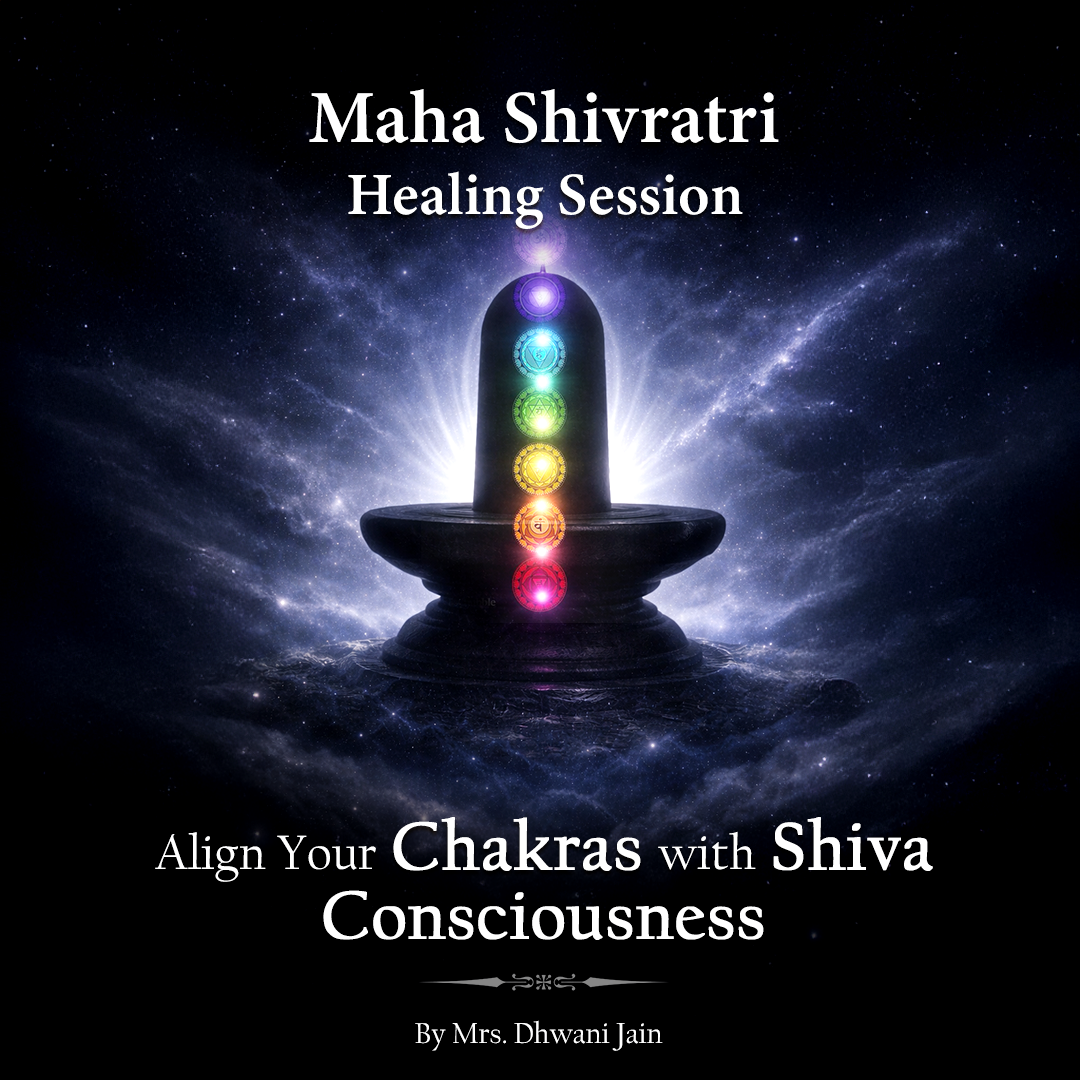 Promotional image for Maha Shivratri Healing Session with a chakra symbol against a cosmic background.