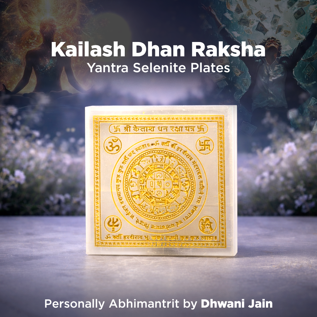 Kailash Dhan Raksha Yantra Selenite Plates with intricate design on a blurred nature background