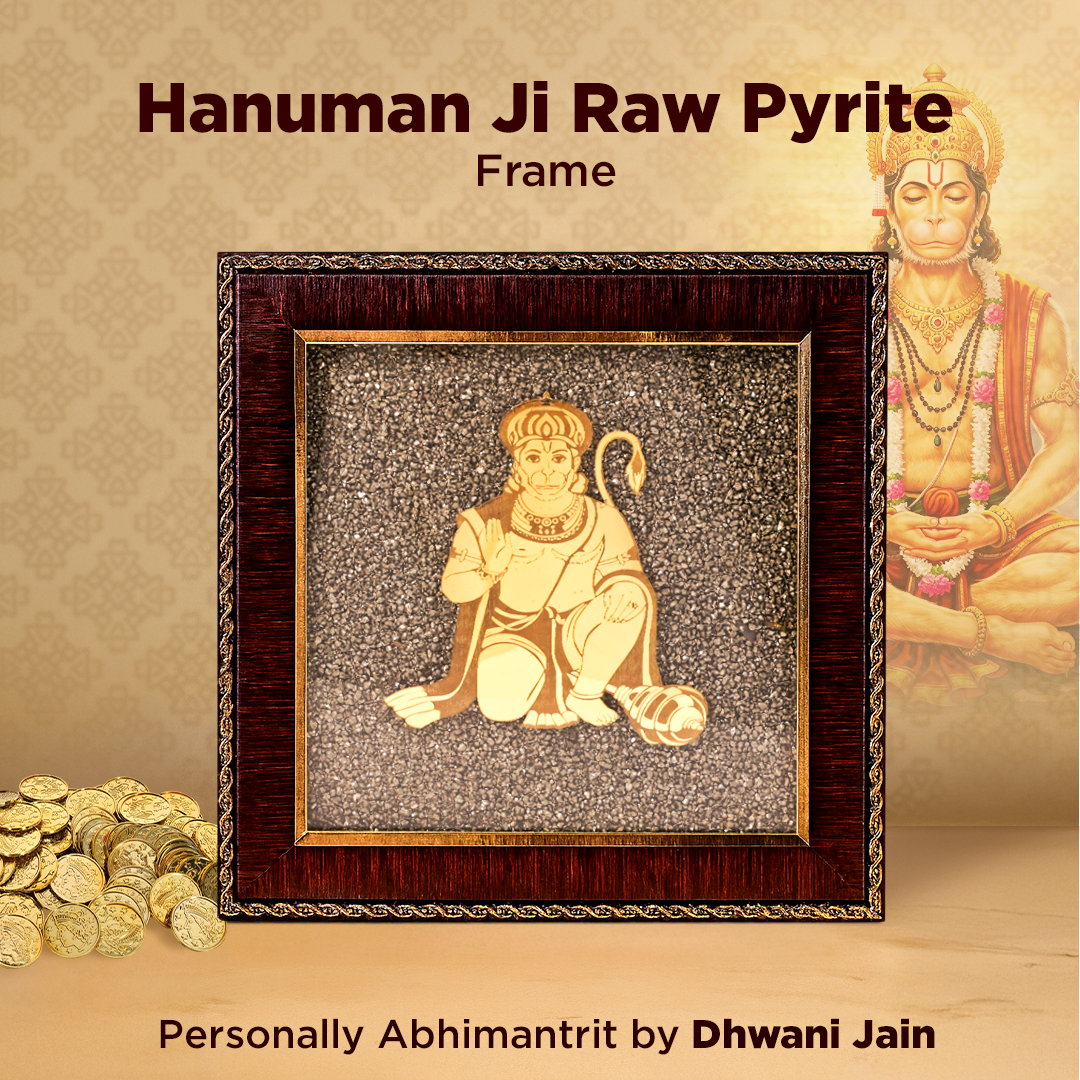 Framed raw pyrite with an image of Hanuman Ji on a beige background