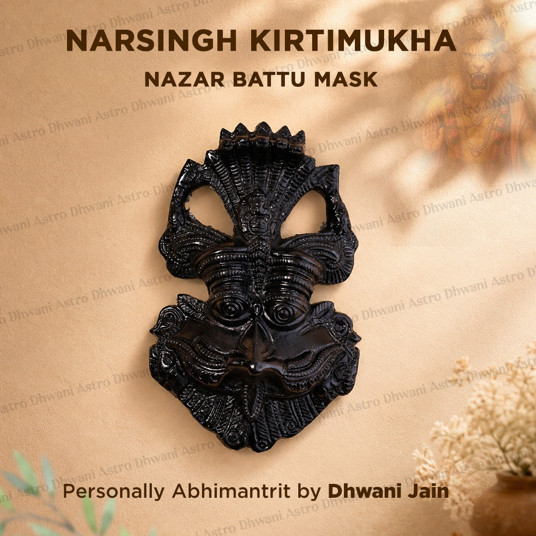 A carved black Narsingh Kirtimukha Nazar Battu Mask displayed on a textured beige background with decorative text overlays and watermarks.
