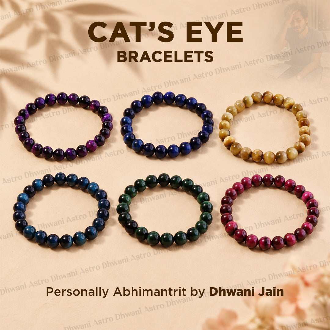 Six beaded stretch bracelets arranged on a beige background with decorative text reading 'CAT'S EYE BRACELETS' 