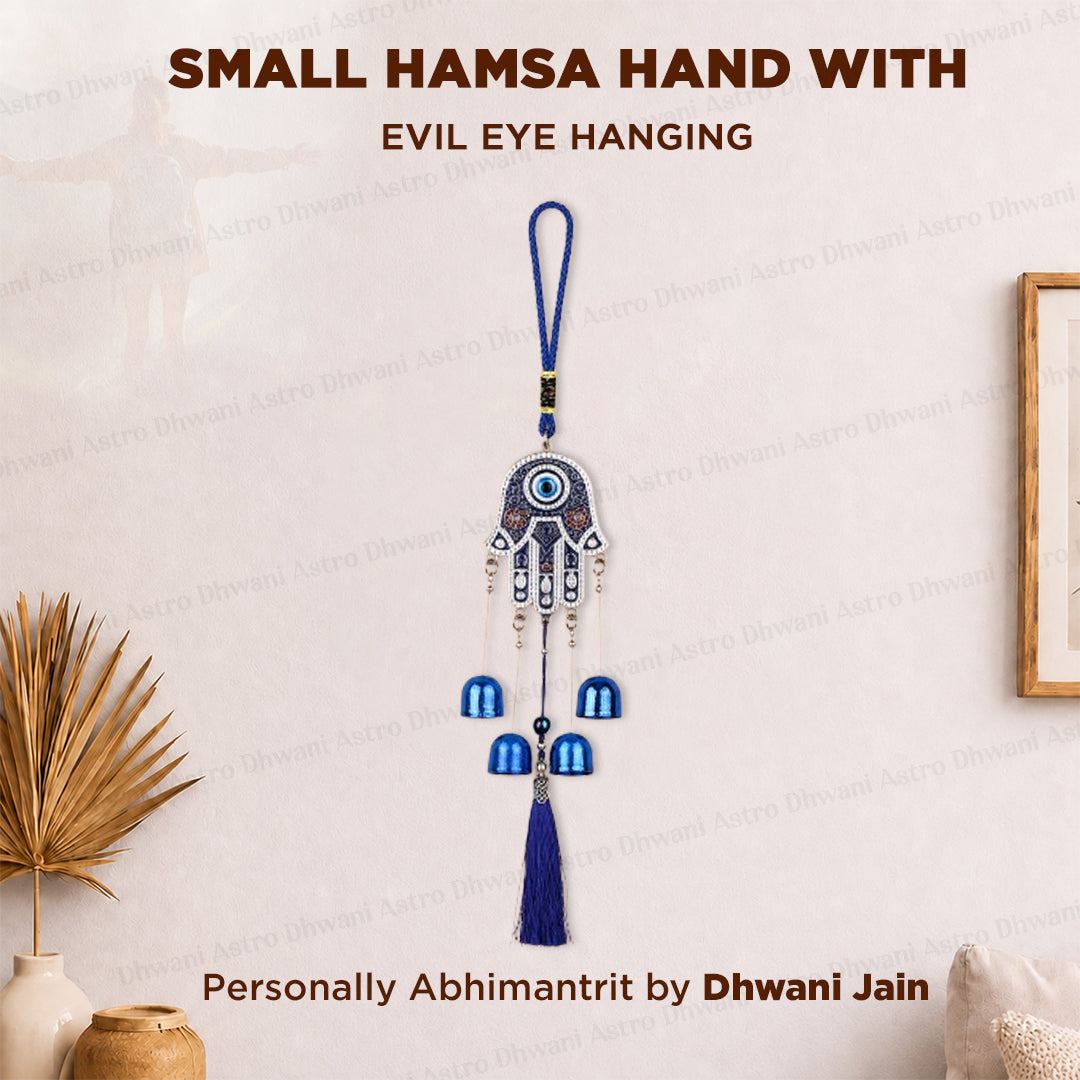 Small Hamsa Hand & Evil Eye Hanging with 5 Bells  – Abhimantrit