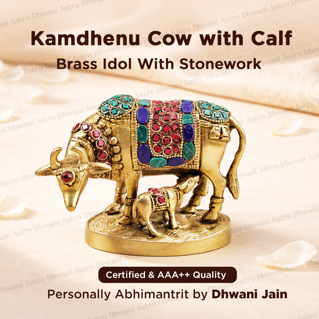 Brass Kaam Dhenu Cow With Calf (Stonework) - Abhimantrit