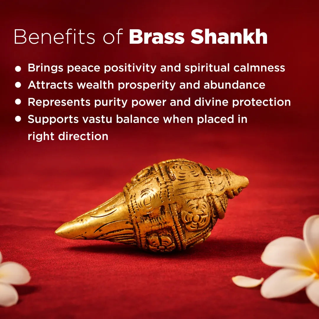 Decorative brass shankh with benefits listed on a red background