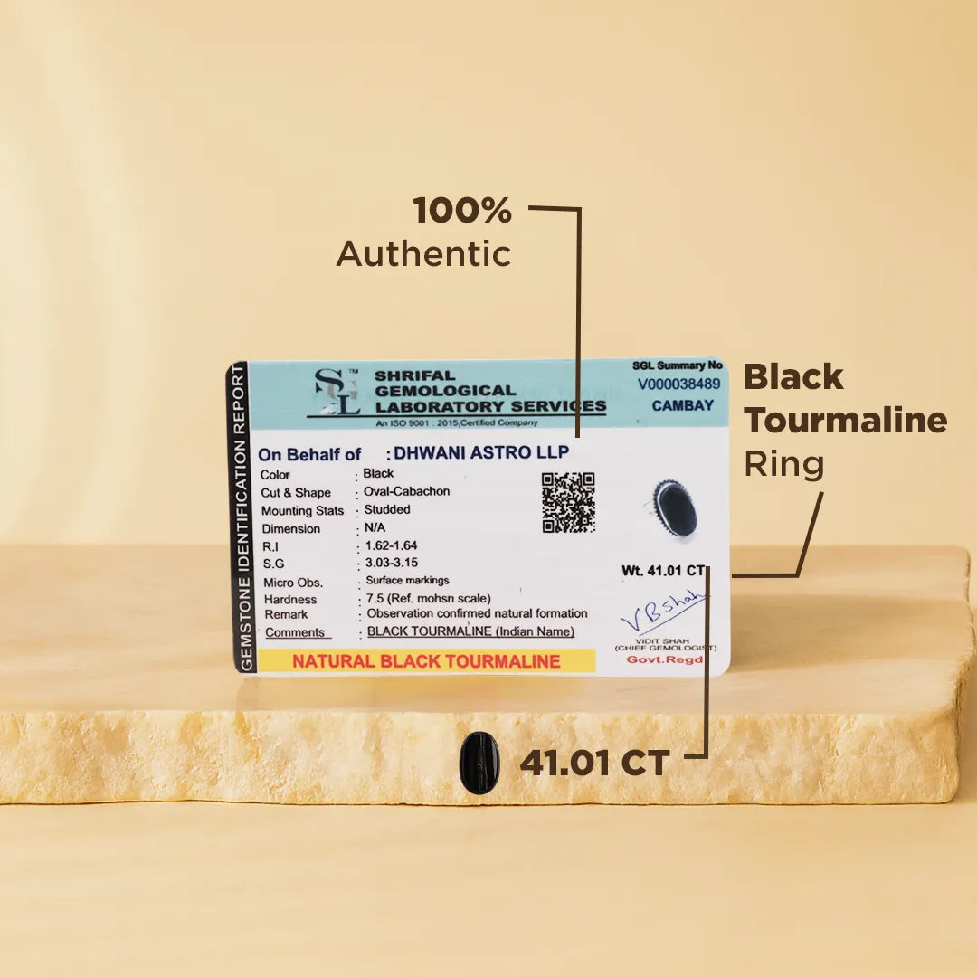Black tourmaline ring with certification label on a beige backgroundBlack Tourmaline Ring: Protect from Psyhic attacks & Negative Engery