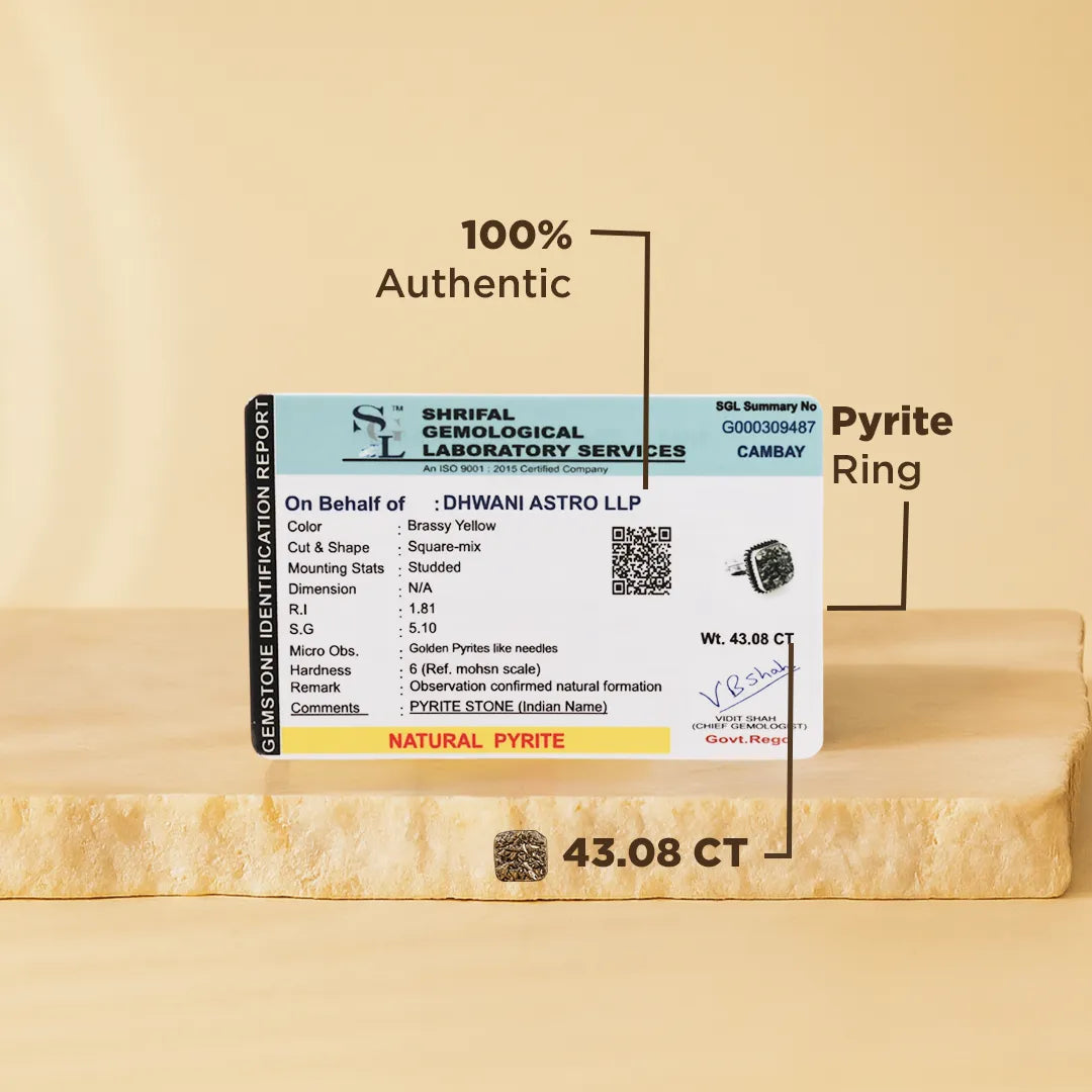 Pyrite ring with gemstone identification report on a beige backgroundPyrite Square Ring – Power Symbol for Wealth, Confidence & Protection