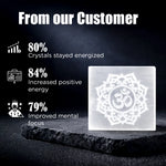 Crystal with Om symbol on a dark background, surrounded by customer feedback statistics.