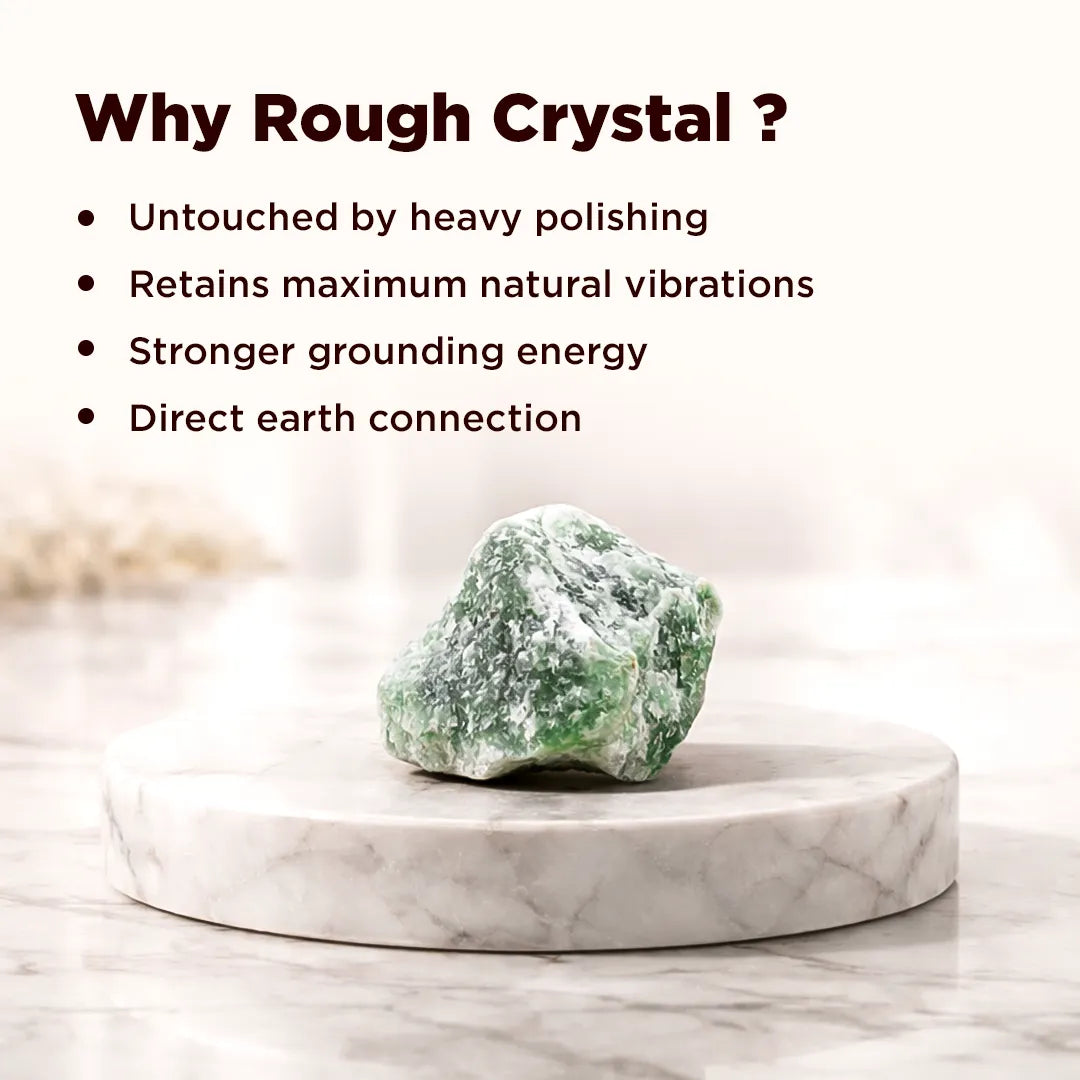 Rough crystal on a marble stand with text explaining reasons for using rough crystals.Rough Natural Green Aventurine Stone – Certified Raw Wealth & Luck