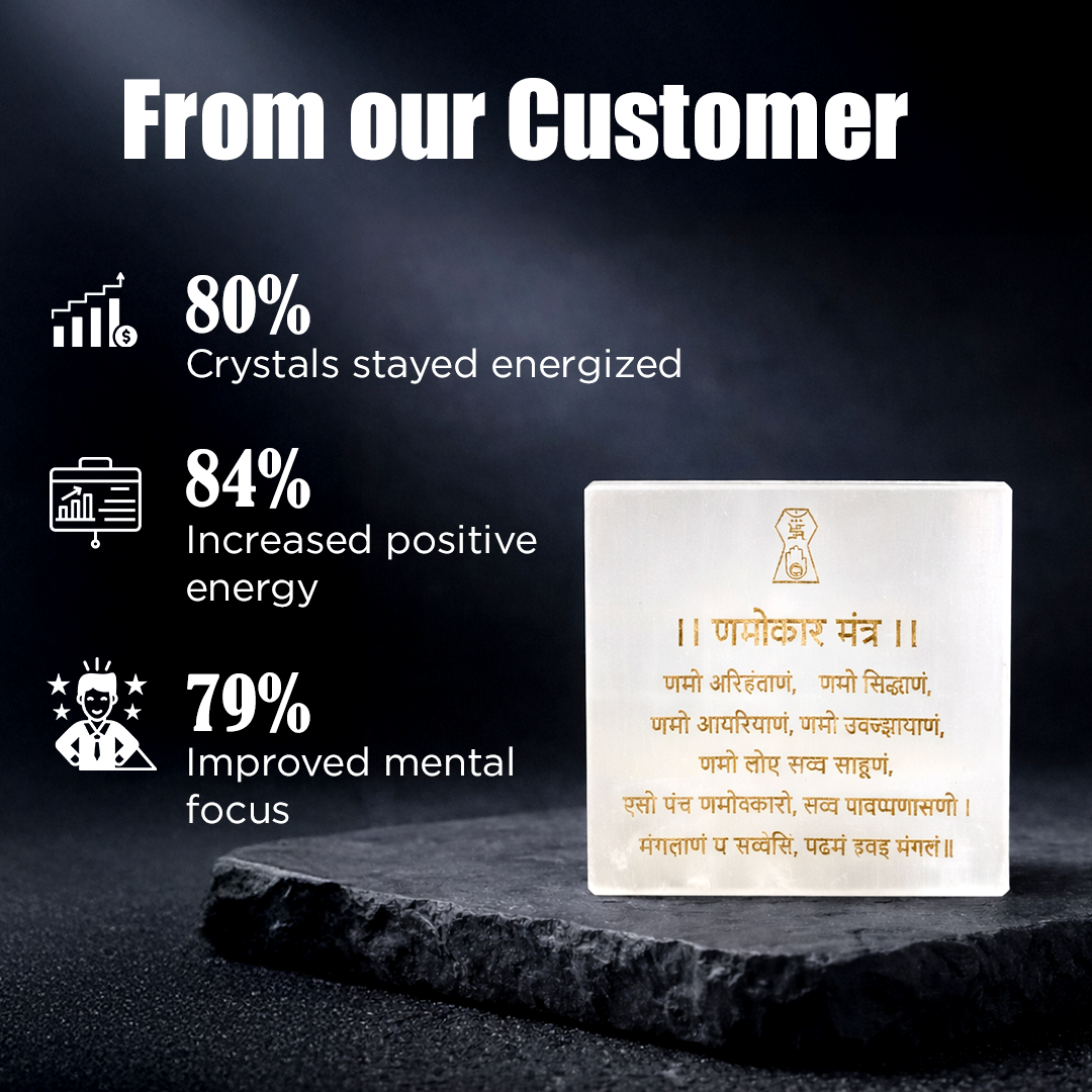 Crystal with mantras on a dark background with customer feedback statistics.