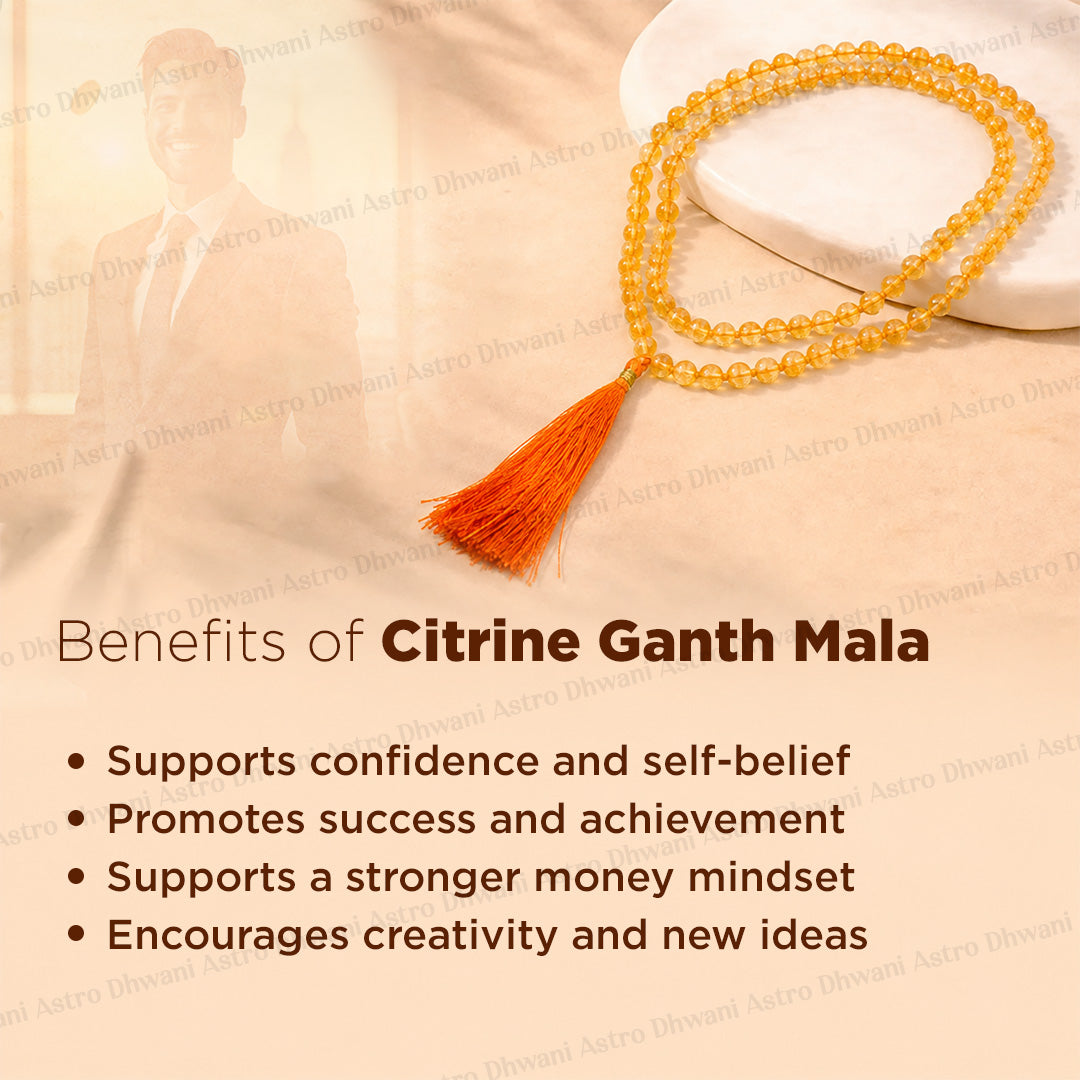A citrine ganth mala necklace with a tassel, displayed on a light beige background with text detailing the benefits of wearing it.