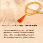 A citrine ganth mala necklace with a tassel, displayed on a light beige background with text detailing the benefits of wearing it.