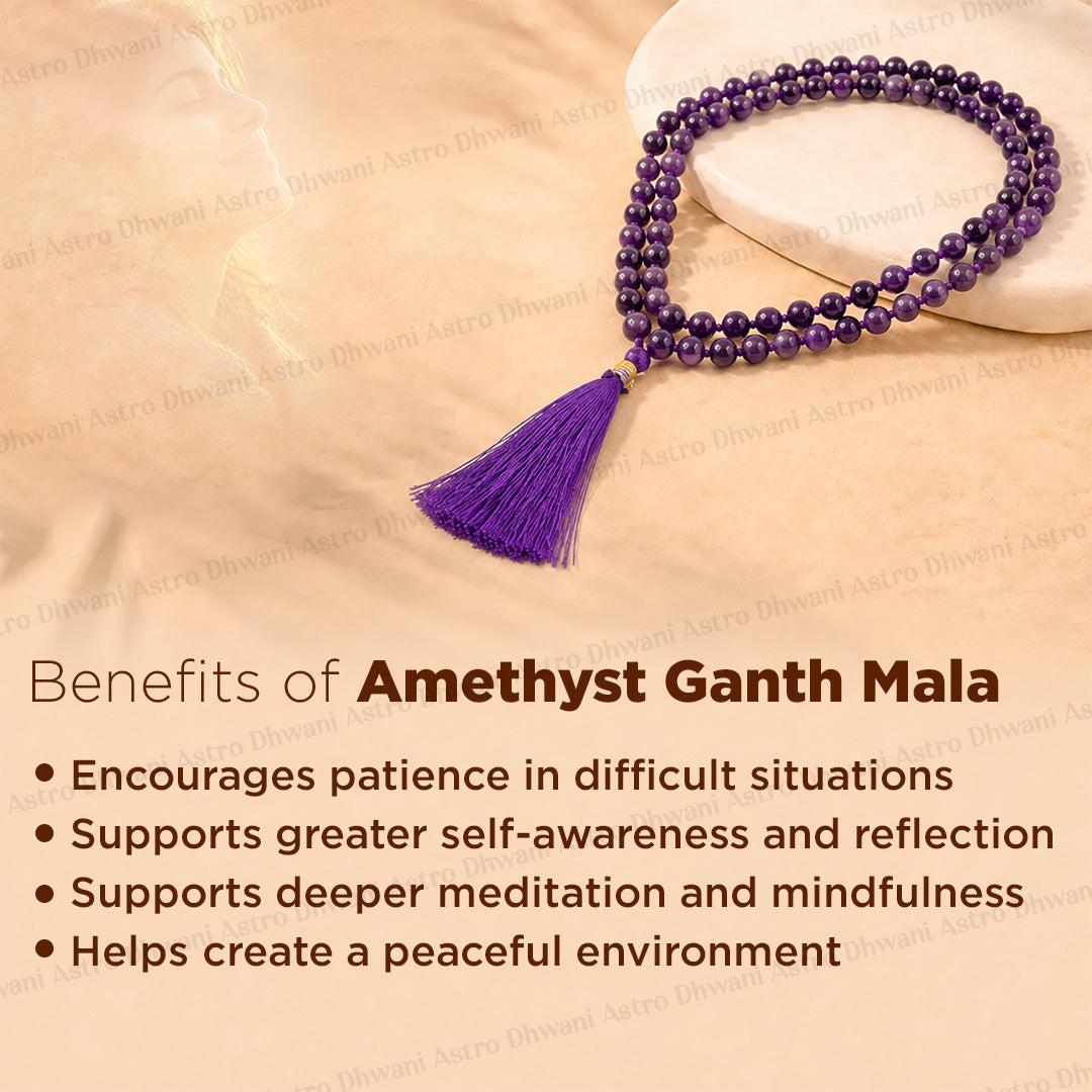 Natural Amethyst Ganth Mala | Handknotted Japa Mala for Puja, Yoga & Daily Wear