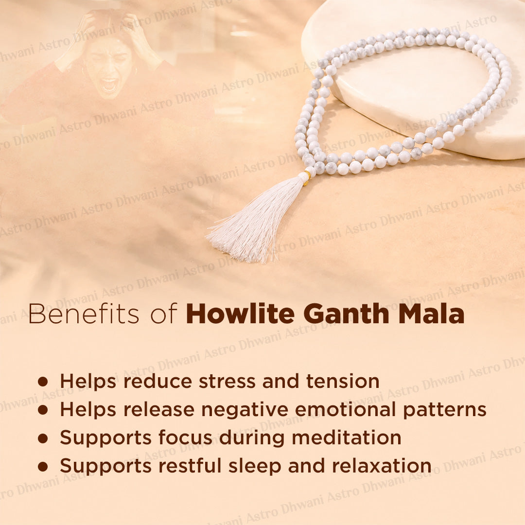 Natural Howlite Ganth Mala | Handknotted Meditation & Japa Mala | Spiritual Necklace for Puja & Yoga