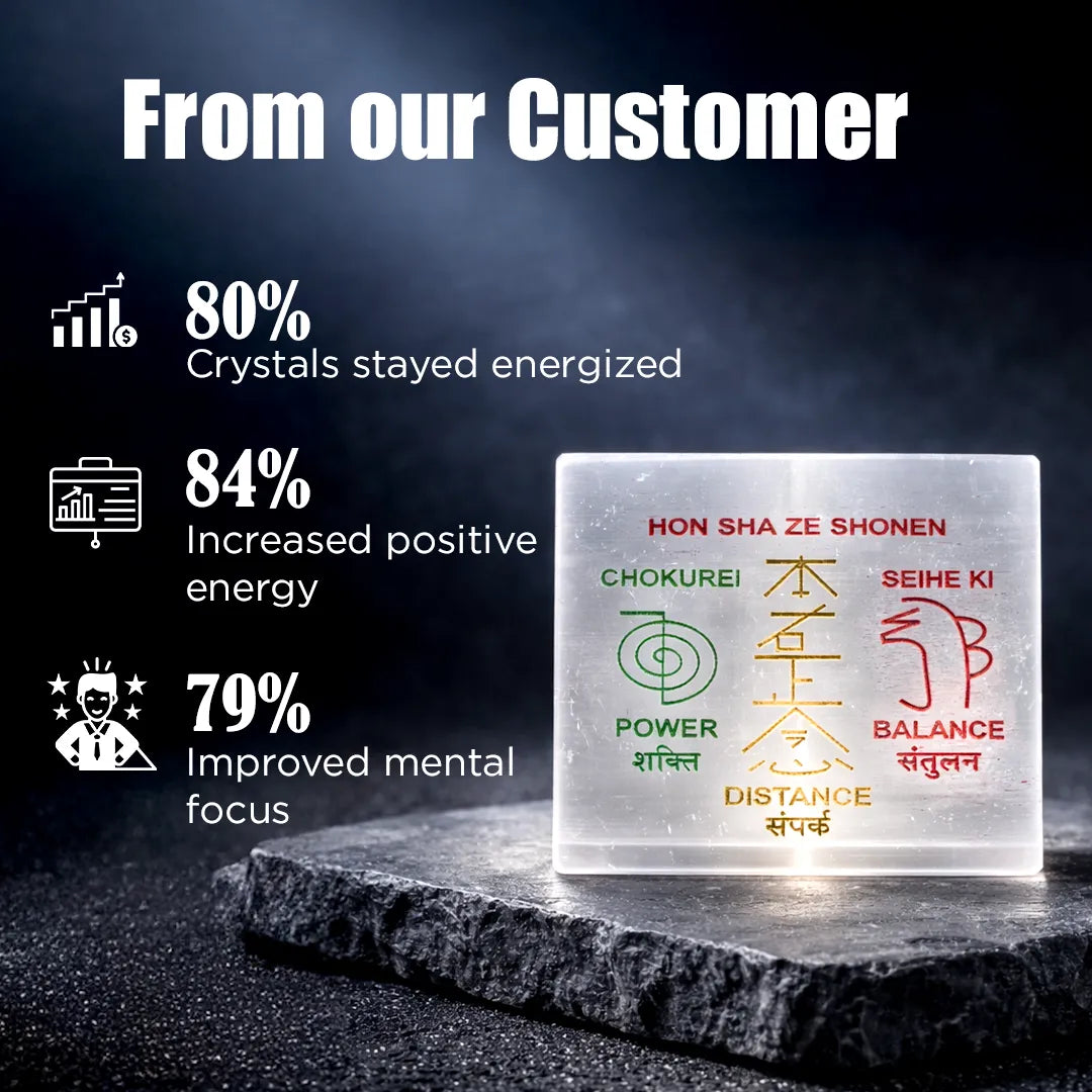 Crystal block with Japanese text on a dark background, featuring statistics about crystal benefits.