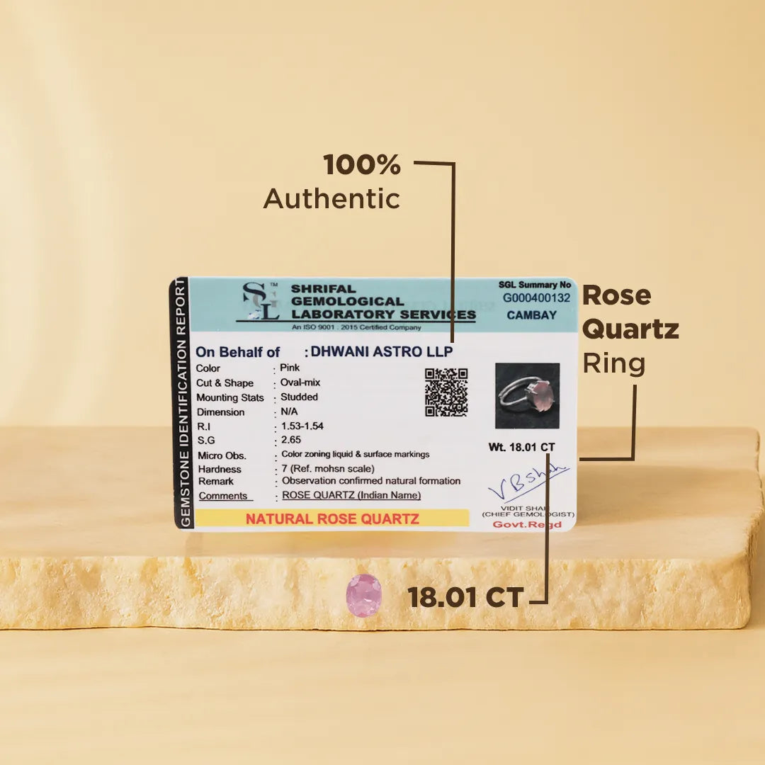Rose Quartz ring with certification label on a beige background