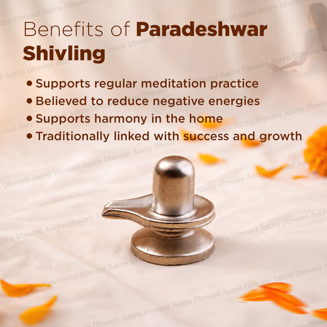 A metallic silver Shivling statue displayed on a light beige textured fabric background with scattered orange flower petals. On the top left, brown text lists the benefits of 'Paradeshwar Shivling' including support for meditation, reduction of negative energies, harmony in the home, and success and growth.