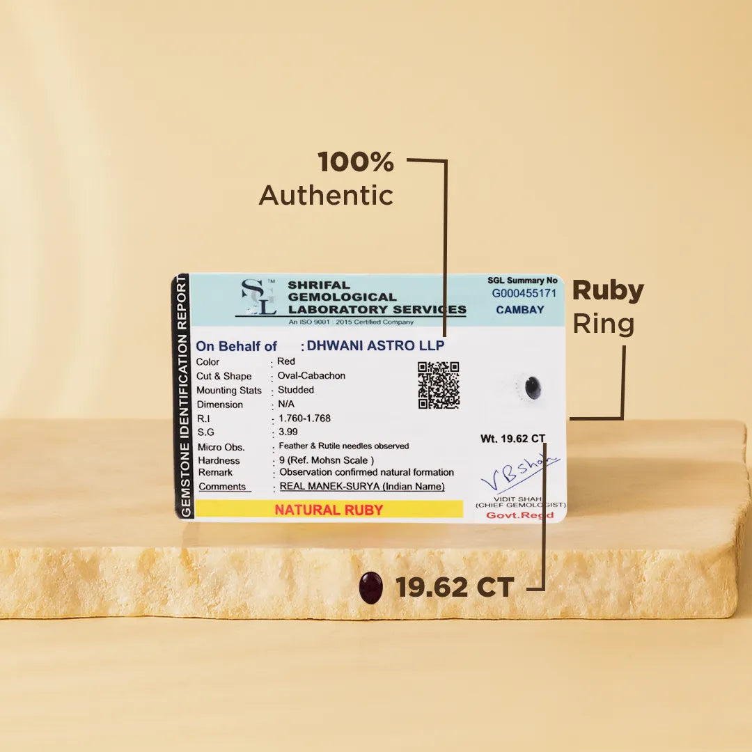 Ruby ring with a certification label on a beige background