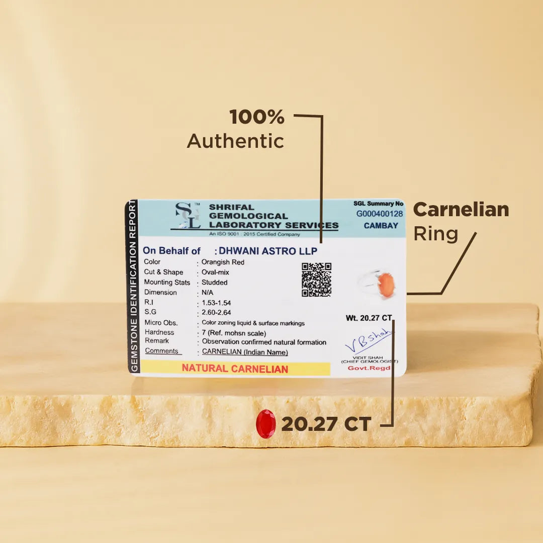 Carnelian ring with a certification label on a beige background