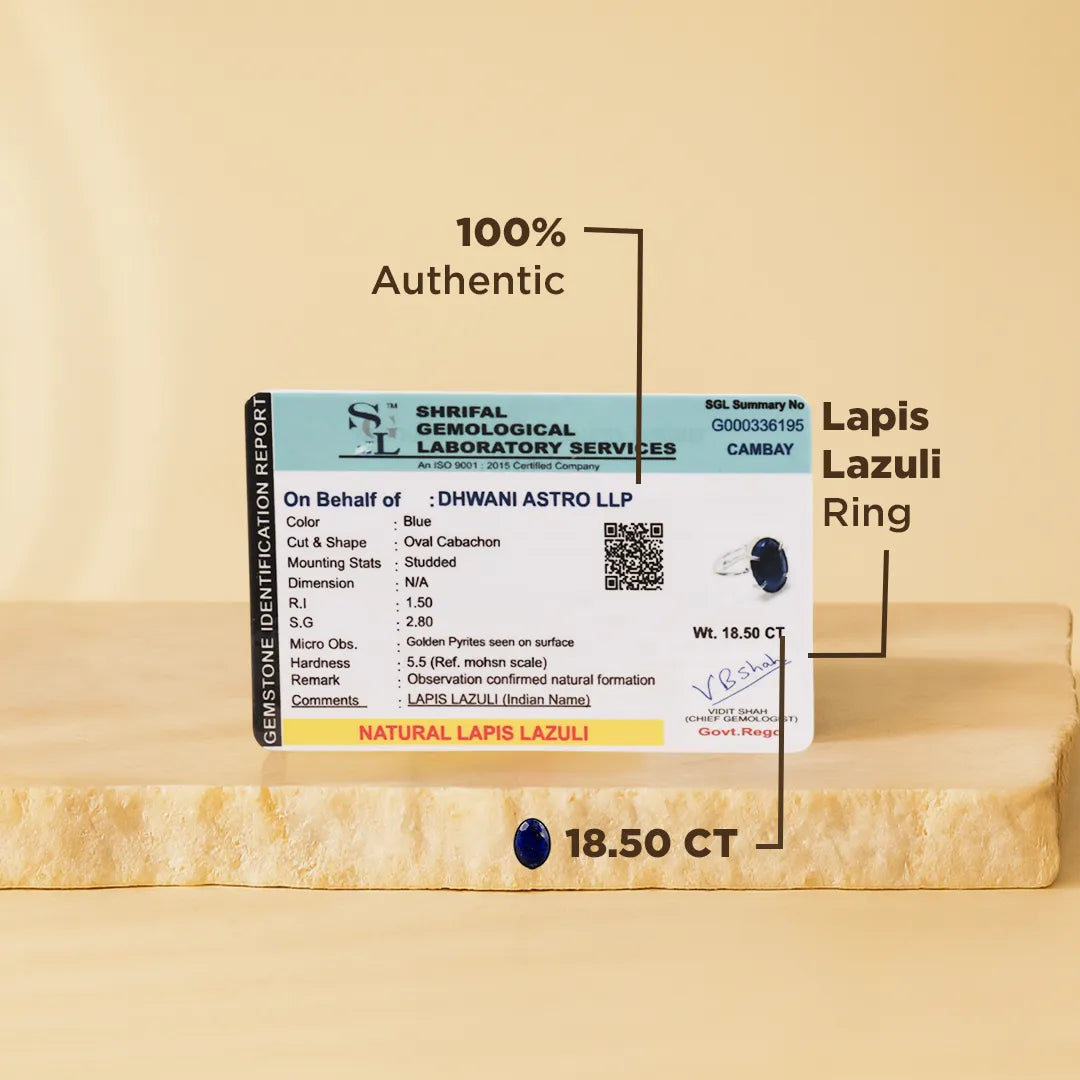 Lapis Lazuli ring with certification label on a beige background