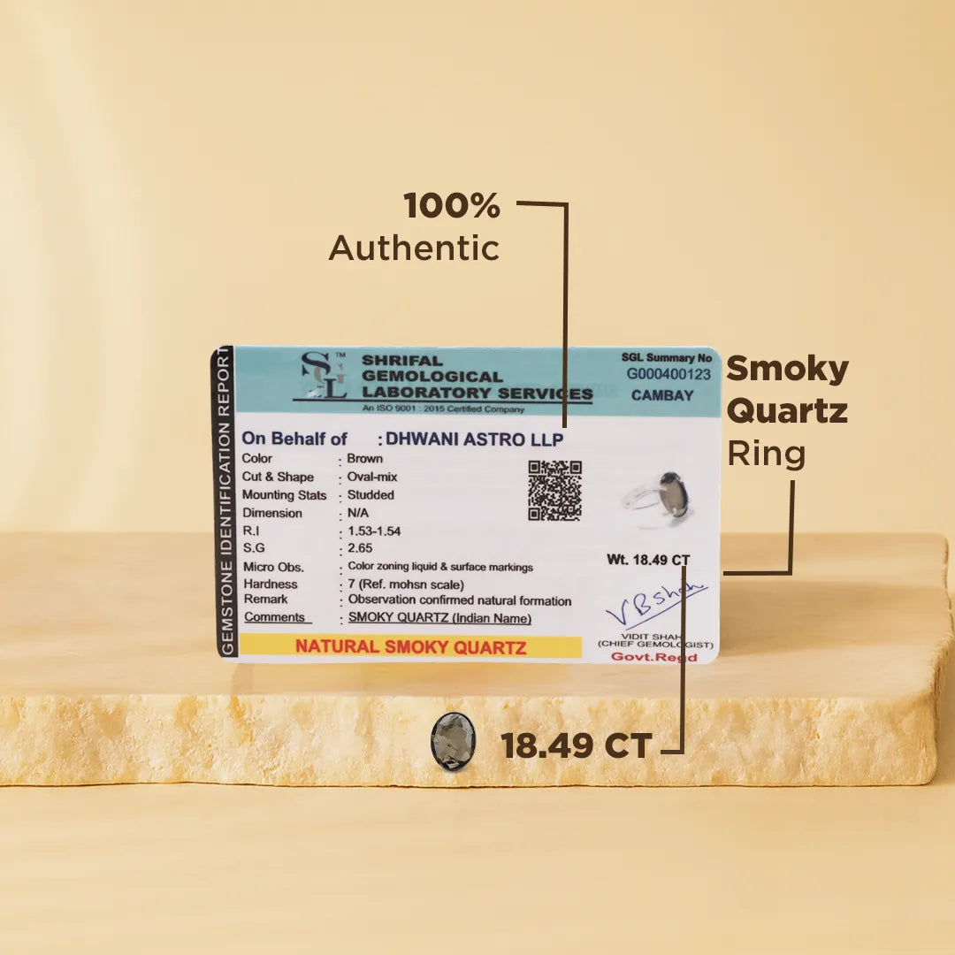 Certified smoky quartz ring with a gemstone identification report on a beige backgroundSmoky Quartz Ring – The Shield of Calm, Protection & Grounded Energy