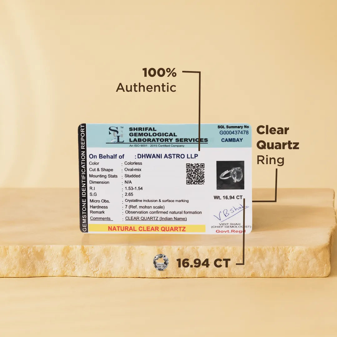 Clear Quartz ring with certification label on a beige background