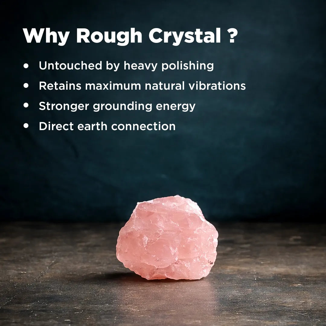 Rough pink crystal on a dark background with text explaining benefits