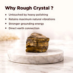 Rough crystal on a marble platform with text explaining benefits
