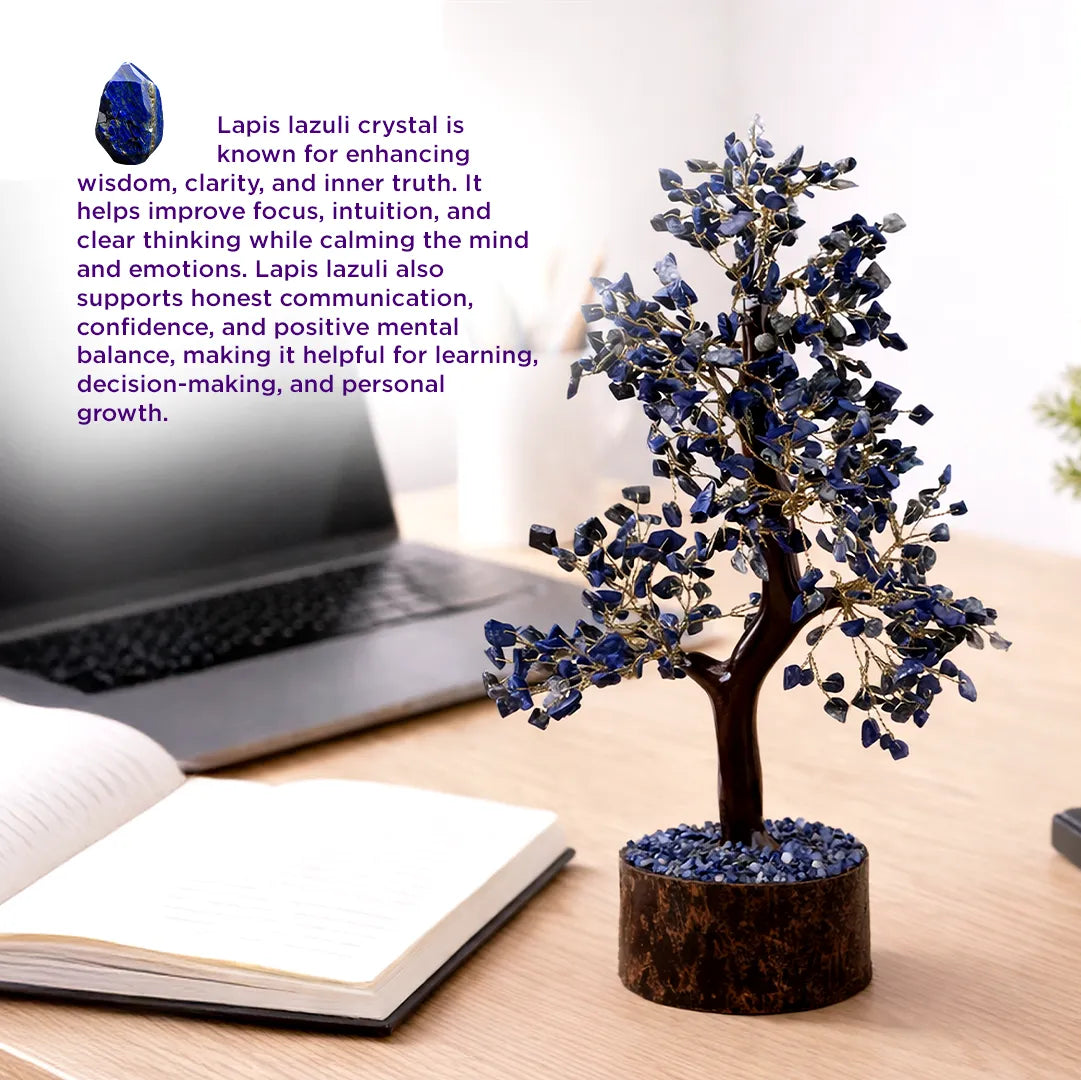 Lapis lazuli crystal tree on a desk with laptop and notebookLapis Lazuli Crystal Tree – Wisdom, Communication & Confidence