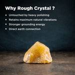Rough crystal on a dark background with text explaining benefits