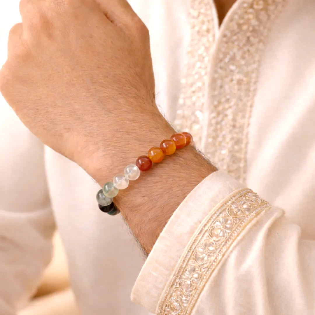 Close-up of a hand wearing a beaded bracelet on a blurred backgroundScorpio Zodiac Bracelet – Natural Multi Stone Bracelet – Abhimantrit & Energized