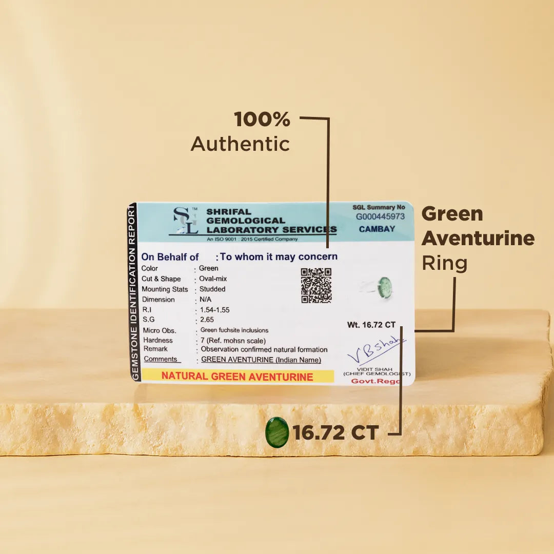 Certified green aventurine ring with laboratory certification on a beige background