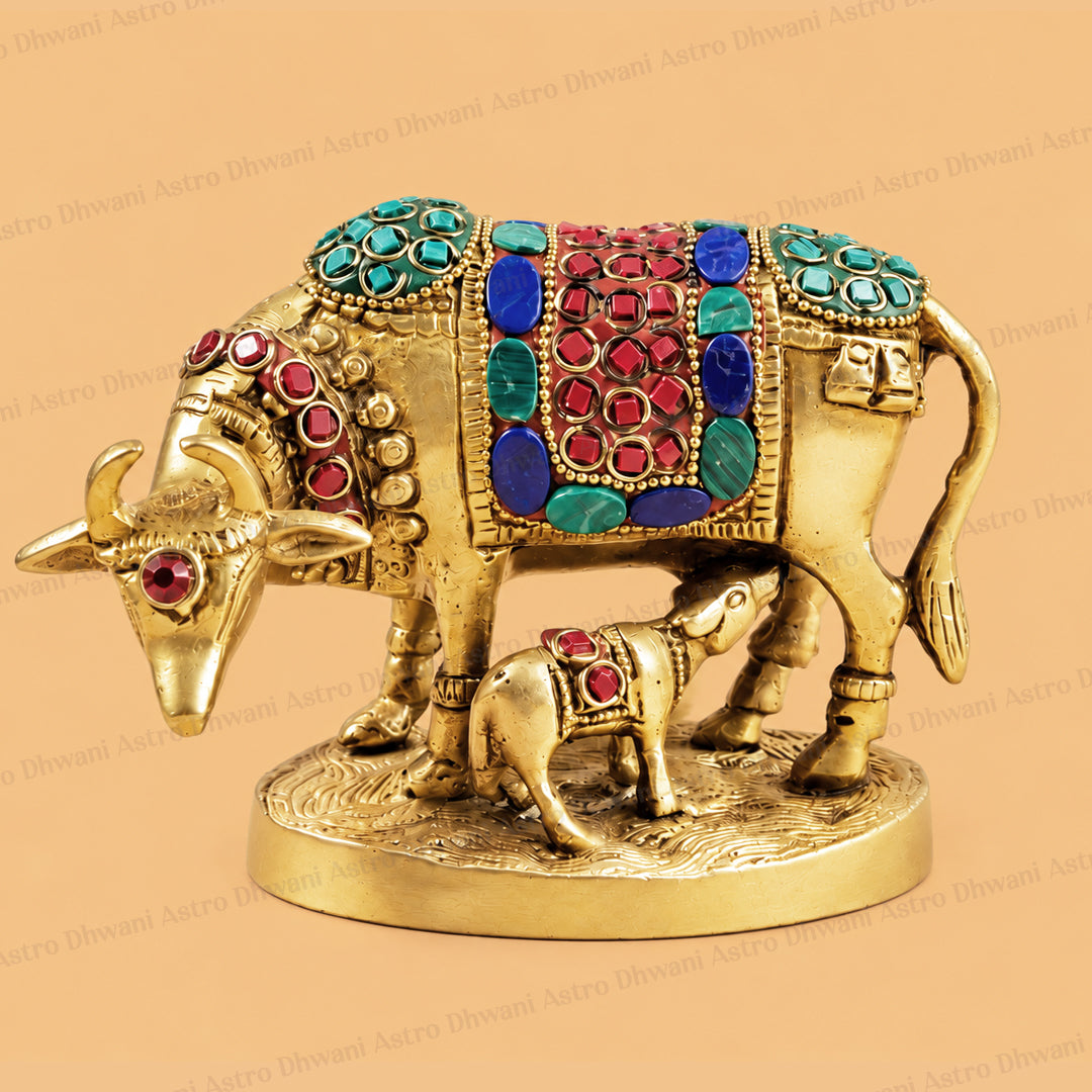 Brass Kaam Dhenu Cow With Calf (Stonework) - Abhimantrit