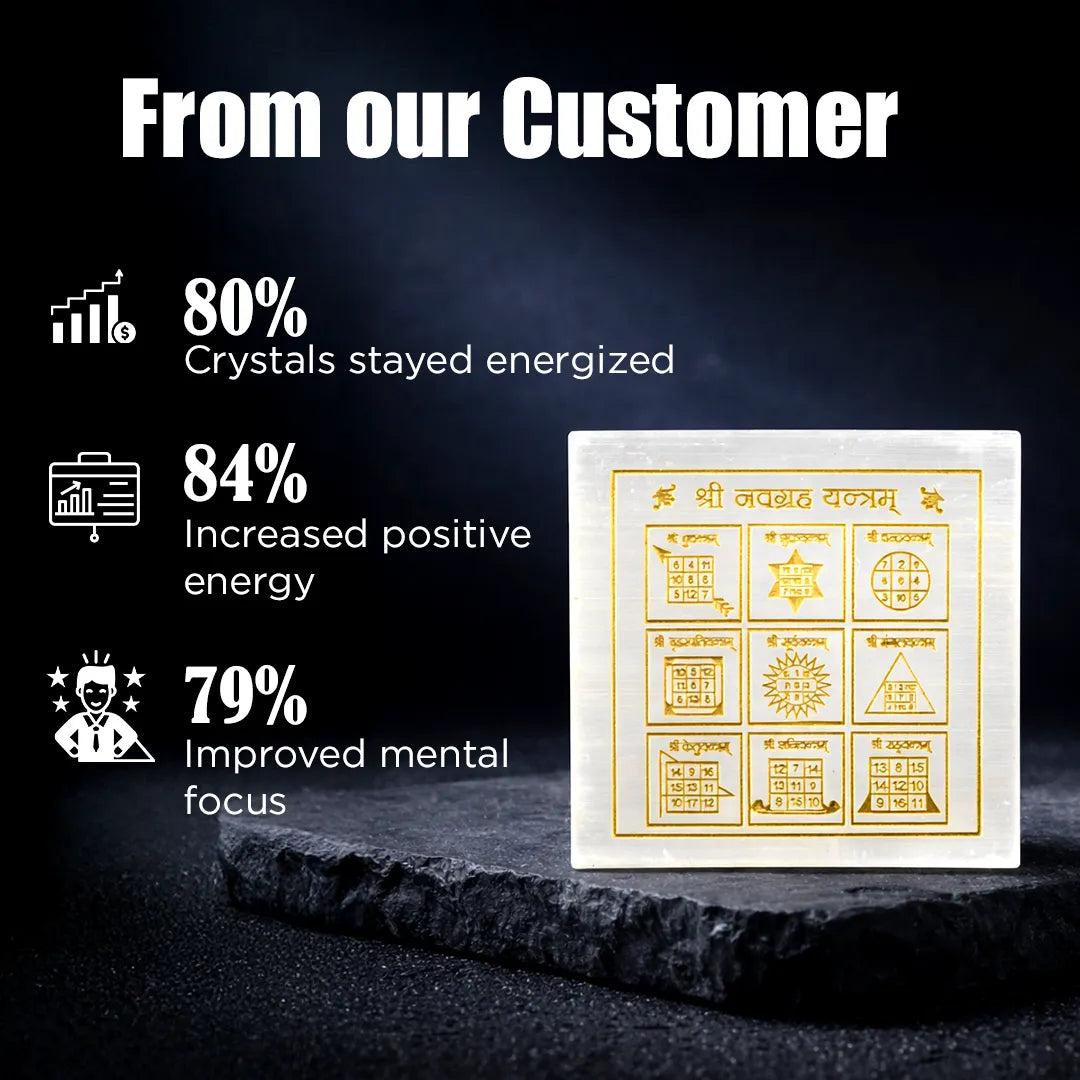 White stone with gold symbols on a dark background, featuring customer feedback on crystal energy.