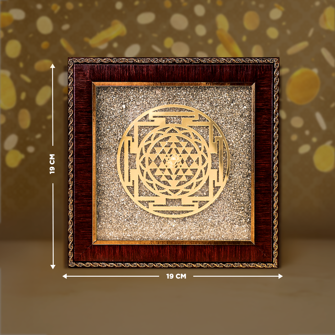 Decorative item with a gold symbol in a wooden frame, shown with measurements on a brown background.