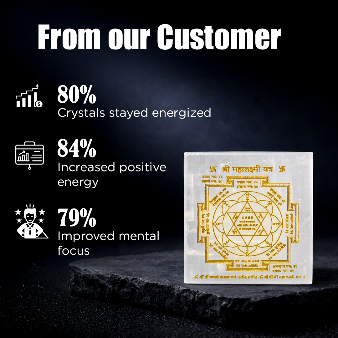 Crystal with gold engraving on a dark background, featuring customer feedback statistics.