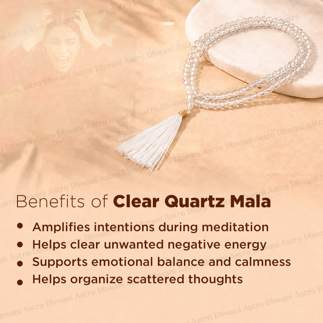 Clear Quartz Crystal Mala, 108 Beads, Meditation & Japa Necklace, Crown Chakra Prayer Mala