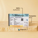 Turquoise ring with a gemstone identification report on a beige background