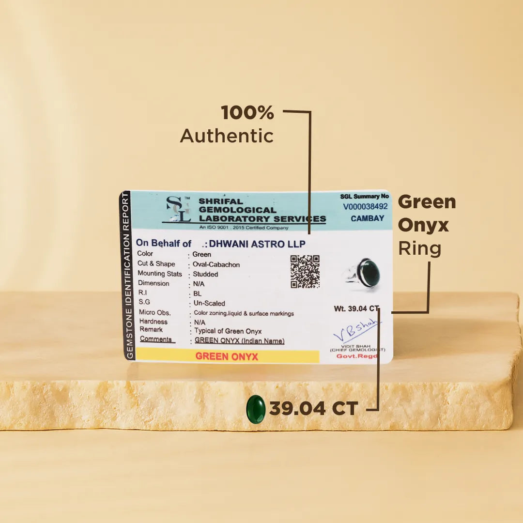 Green onyx ring with certification label on a beige backgroundGreen Onyx Ring: Encourages Self-Confidence and Willpower