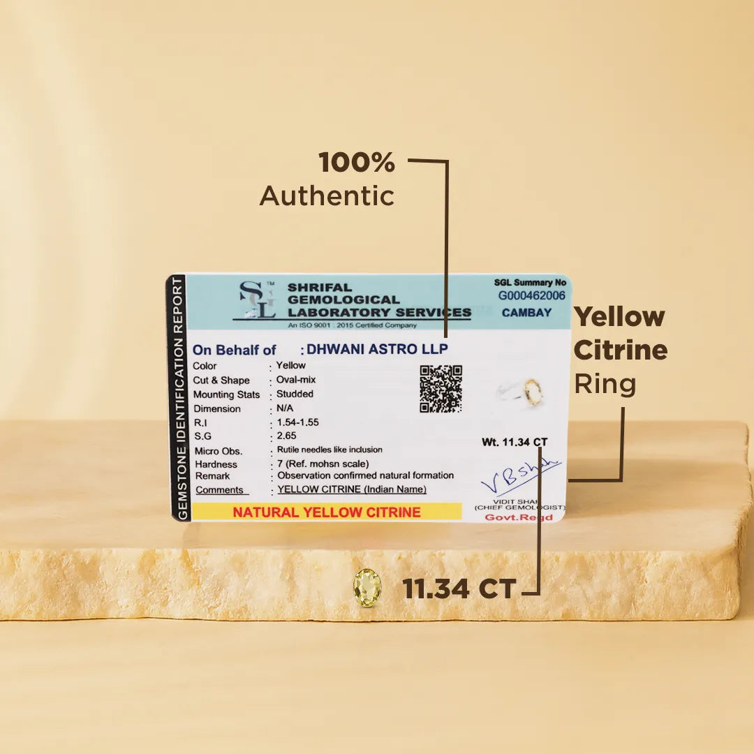 Yellow citrine ring with gemstone certification on a beige background