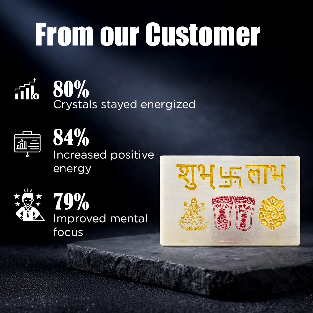 Crystal bar with symbols on a dark background with customer feedback statistics.Shubh Labh Selenite Plate – Auspicious Energy Cleansing
