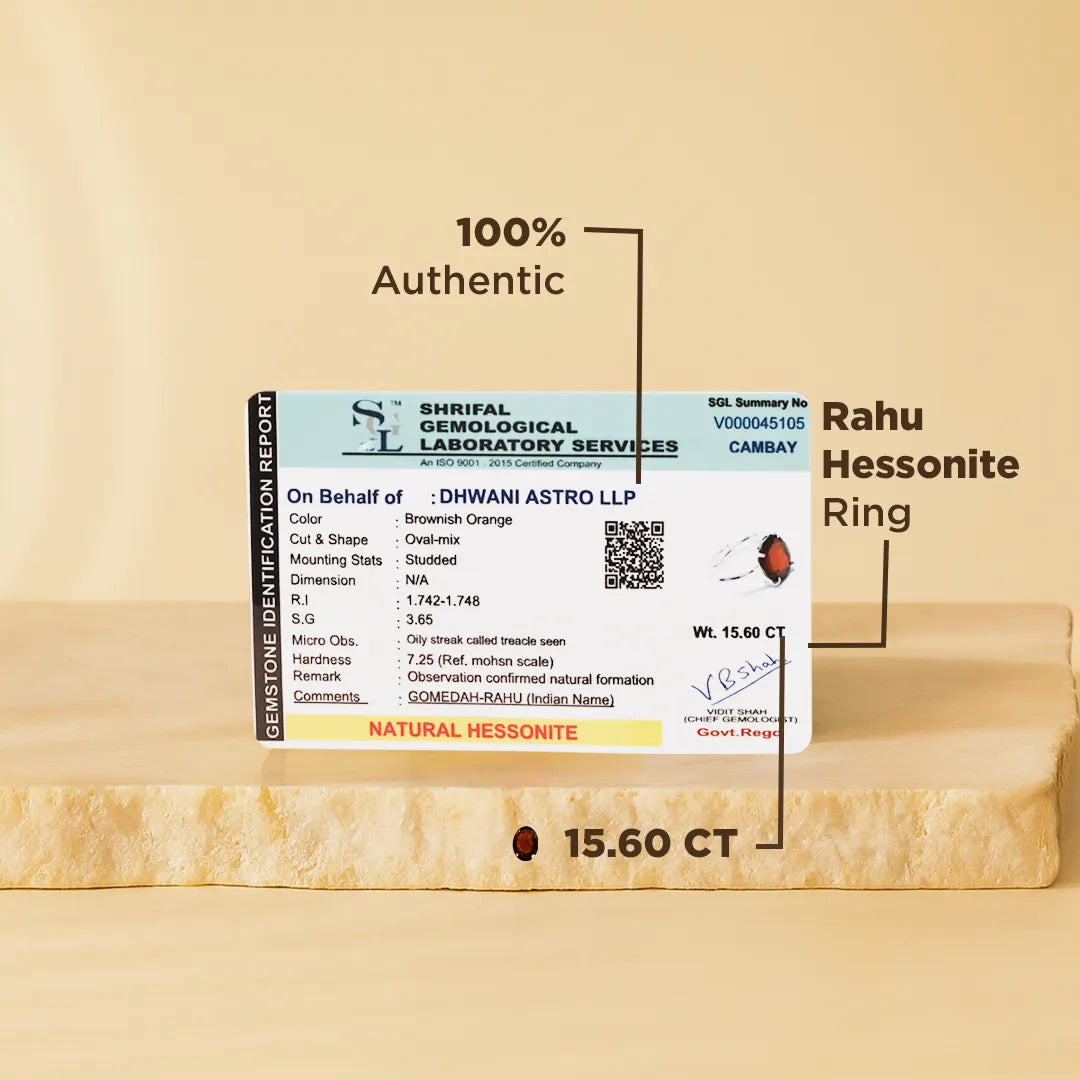 Rahu Hessonite ring with certification label on a beige backgroundRahu Hessonite Ring: Protection from Hidden Enemies