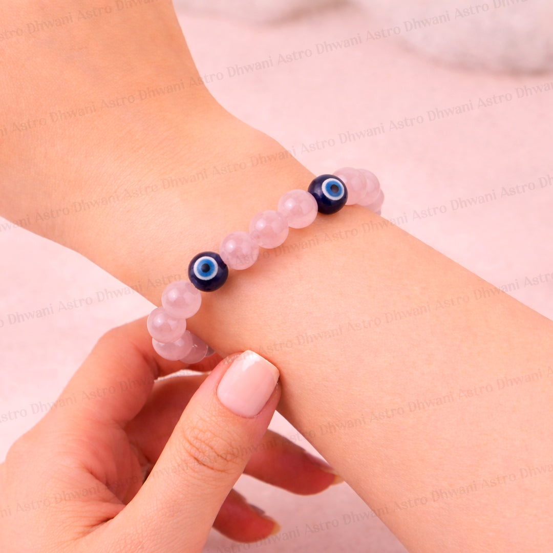Love and Relationship Protect: Rose Quartz with Evil Eye Bracelet - Abhimantrit & Certified