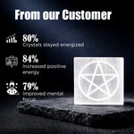 Crystal block with pentagram design on a dark surface, featuring customer feedback statistics.