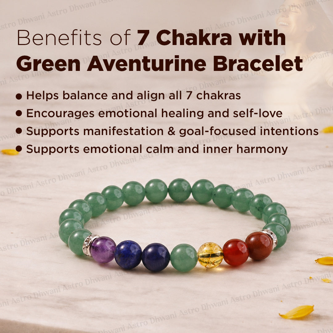Obstacle Removal in Love Life Bracelet (Green Aventurine with Seven Chakra) - Abhimantrit & Certified