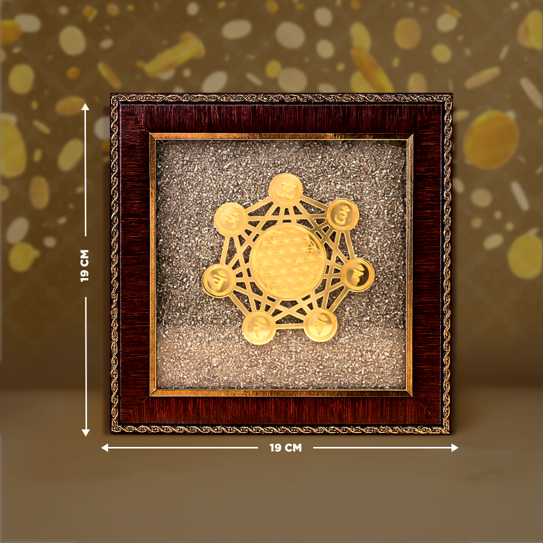 Decorative gold emblem in a wooden frame with measurements on a dark background