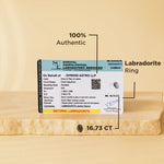 Labradorite ring with certification label on a beige background