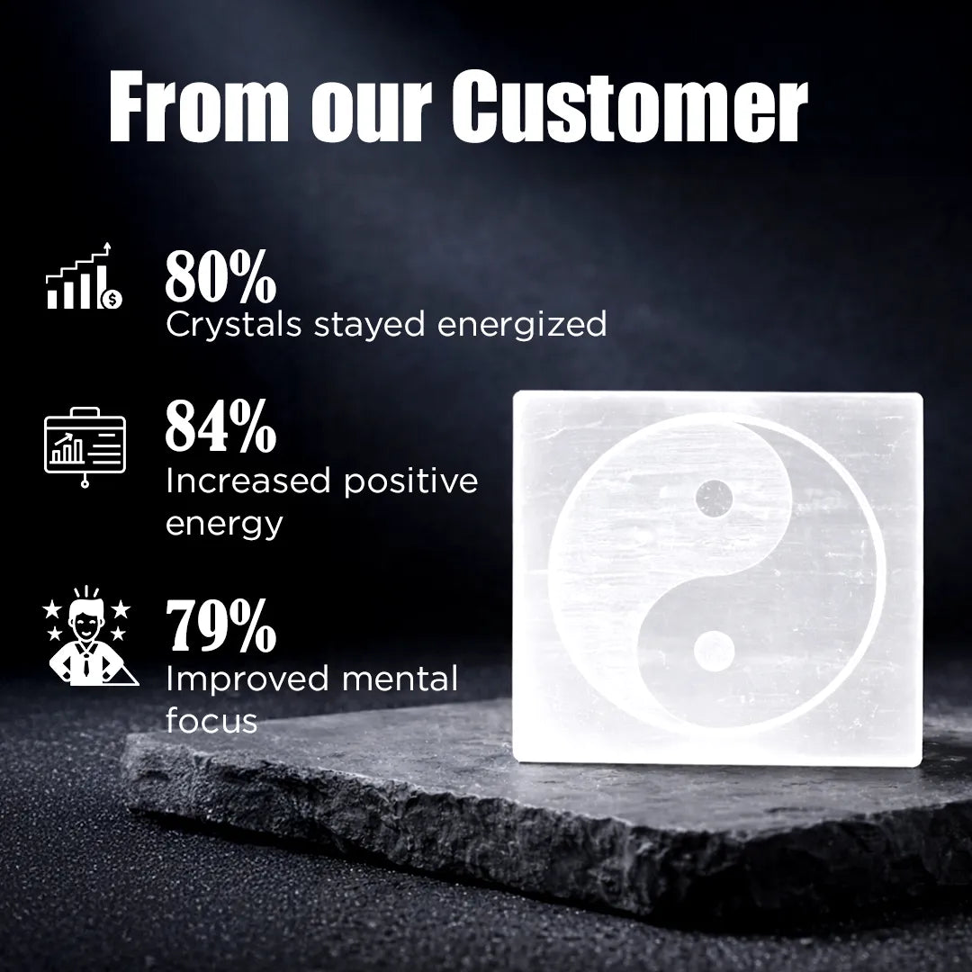 Crystal with yin yang symbol on a dark surface, showing customer feedback about crystal benefits.Yin Yang Selenite Energy Plate – Engraved Energy Balancing